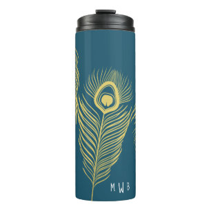 Elegant Gold Peacock Feathers Monogram Tumbler Thermosbecher