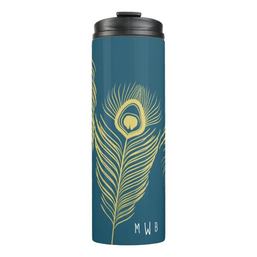 Elegant Gold Peacock Feathers Monogram Tumbler Thermosbecher (Vorderseite)
