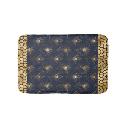 Elegant Gold Peacock Navy Blue Print Stilvoll Badematte (Vorderseite)