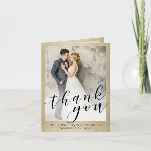 Elegant Gold Photo Black Script Wedding Thank You Dankeskarte (Vorderseite)