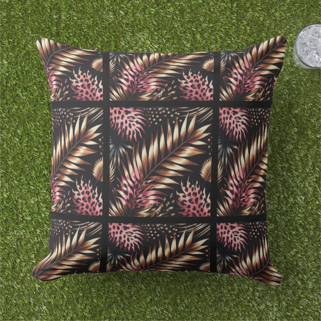 Elegant Gold, Pink and Black Jungle Leaf Pattern Kissen (Gras)