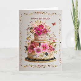 Elegant Gold & Pink Birthday Cake Card Karte