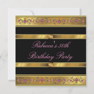 Elegant Gold Pink Floral 50. Geburtstagsparty Blac Einladung