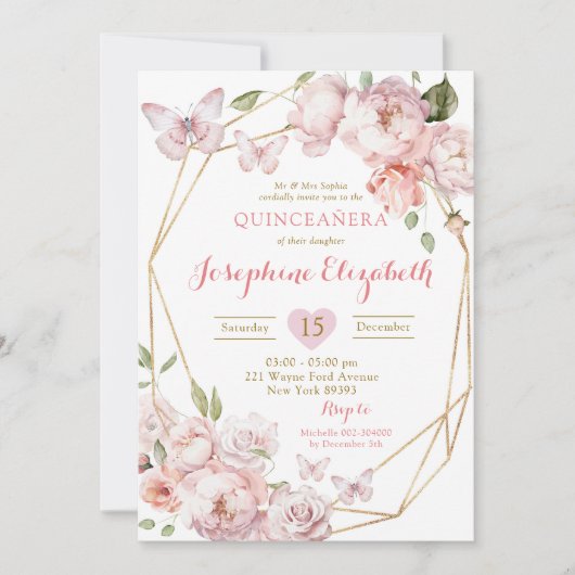 Elegant Gold Pink Floral Mis Quince Años Birthday Einladung (Vorderseite)
