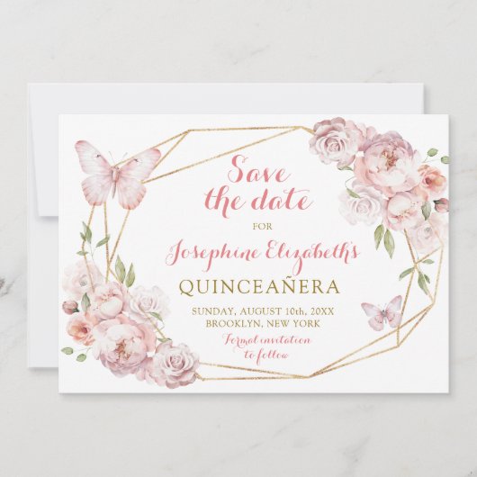 Elegant Gold Pink Floral Mis XV Años Save the Date Einladung (Vorderseite)