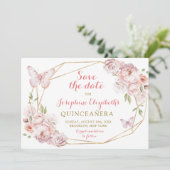 Elegant Gold Pink Floral Mis XV Años Save the Date Einladung (Stehend Vorderseite)