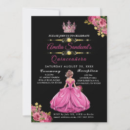 Elegant Gold Pink Floral Quinceanera Einladung