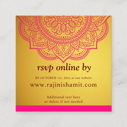 Elegant Gold Pink Mandala & Indian Wedding RSVP Begleitkarte (Vorderseite)