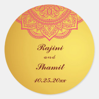 Elegant Gold Pink Red Indian Paisley Wedding Clas Runder Aufkleber