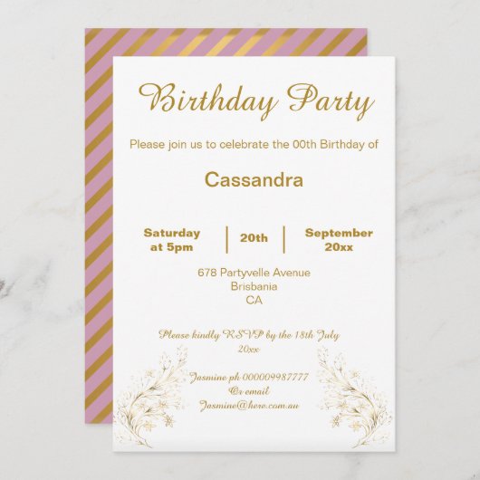 ELEGANT GOLD PINK STRIPE CUSTOM GEBURTSTAG EINLADUNG (Vorne/Hinten)