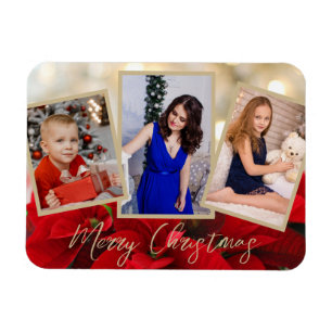 Elegant Gold Poinsettia Frohe Weihnachten 3 Fotos Magnet