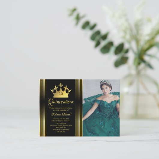 Elegant Gold Quinceanera Invitation Begleitkarte (Stehend Vorderseite)