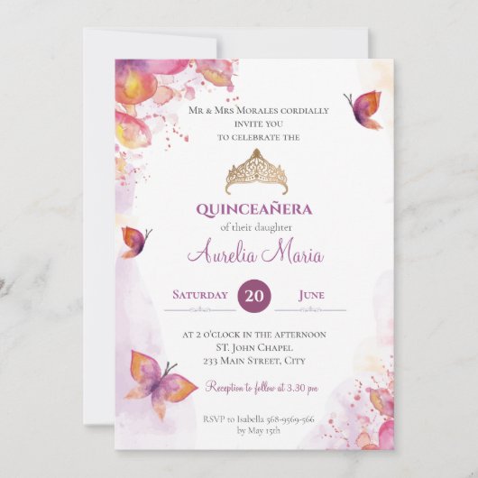 Elegant Gold Quinceañera Tiara Butterflies Einladung (Vorderseite)