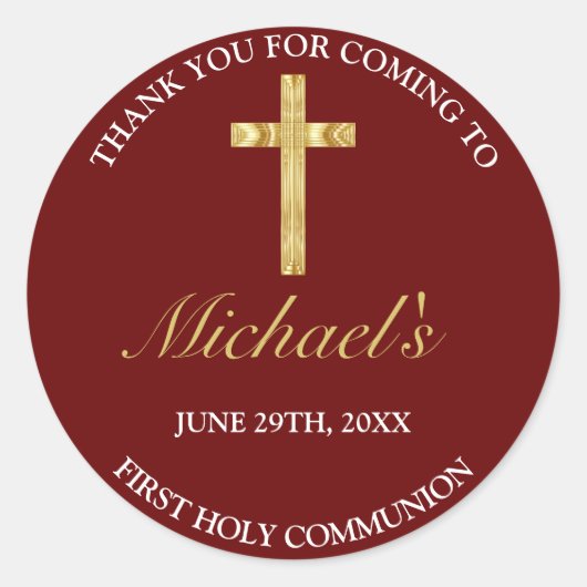 Elegant Gold Red Cross Erste Kommune Vielen Dank Runder Aufkleber (Vorderseite)