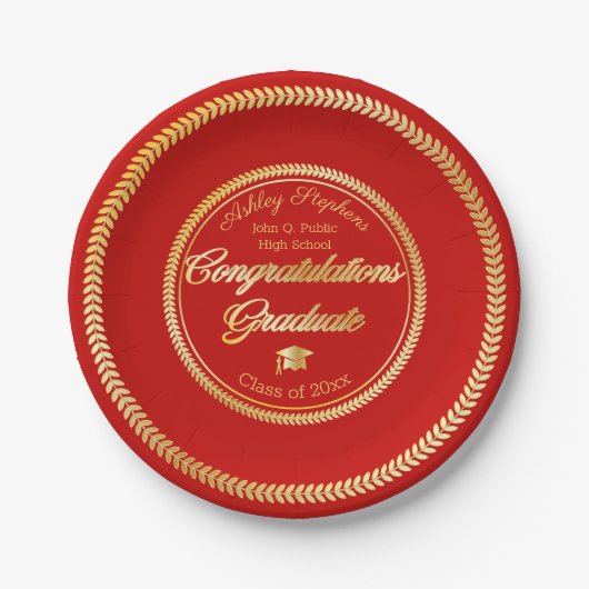 Elegant Gold | Red Grad Cap Class of 2023 Pappteller (Vorderseite)