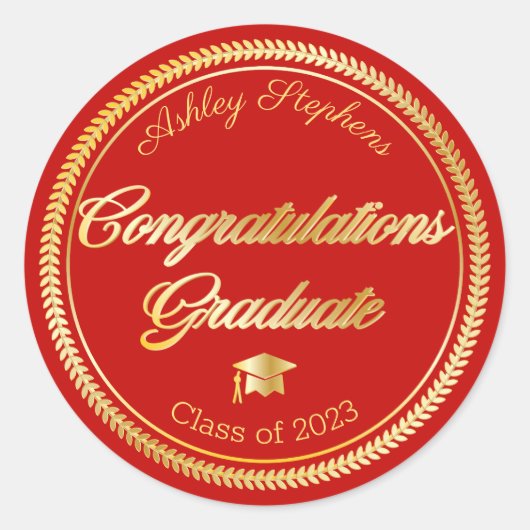 Elegant Gold | Red Grad Cap Class of 2023 Runder Aufkleber (Vorderseite)