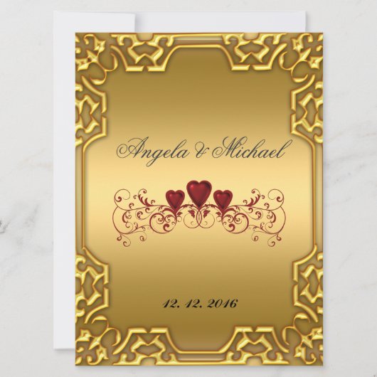 Elegant Gold Red Hearts Einladung Hochzeit (Vorderseite)