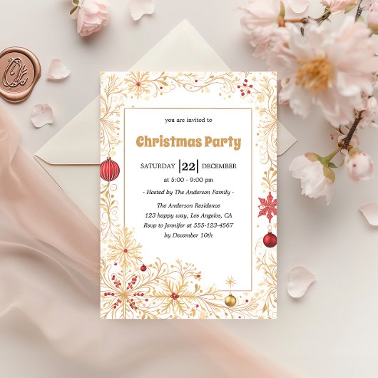 Elegant Gold & Red Ornaments Christmas Party       Einladung