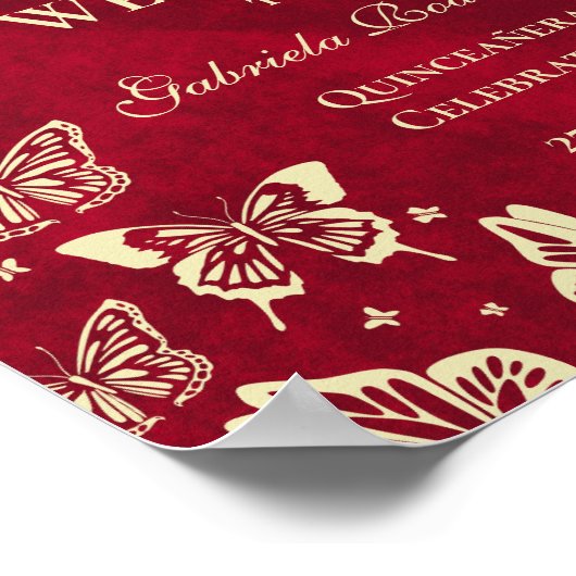 Elegant Gold Red Quinceñera Butterflies Willkommen Poster (Ecke)