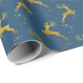 Elegant Gold Reindeer Blauer Weihnachtsfeiertag Geschenkpapier (Rolleneckpunkt)