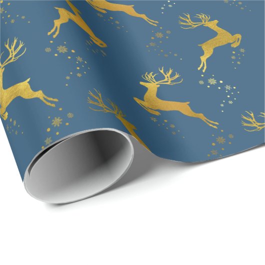 Elegant Gold Reindeer Blauer Weihnachtsfeiertag Geschenkpapier (Rolleneckpunkt)