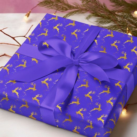 Elegant Gold Reindeer Blauer Weihnachtsfeiertag Geschenkpapier