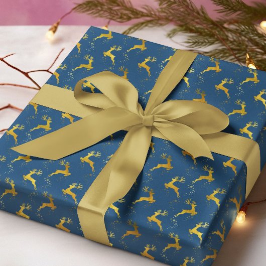 Elegant Gold Reindeer Blauer Weihnachtsfeiertag Geschenkpapier
