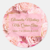 Elegant Gold Rosa Rose Floral Quinceñera Runder Aufkleber (Vorderseite)