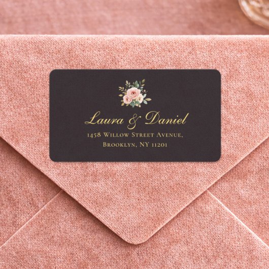 Elegant Gold Roses & Black Return Address Label Adressaufkleber