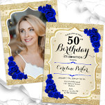 Elegant Gold Royal Blue Foto 50. Geburtstag Einladung<br><div class="desc">Elegante florale feminine 50. Geburtstagseinladung mit Ihrem Foto auf der Kartenrückseite. Glam-Design mit Imitaten Glitzer Gold. Verfügt über goldene Streifen, königsblaue Rose, Skript-Schriftart und Konfetti. Ideal für ein stilvolles Party für Erwachsene. Personalisieren Sie Ihre persönlichen Daten. Kann für jedes Alter angepasst werden! Gedruckte Zazzle Einladungen oder Sofortdownload digitalen druckbaren Vorlage....</div>