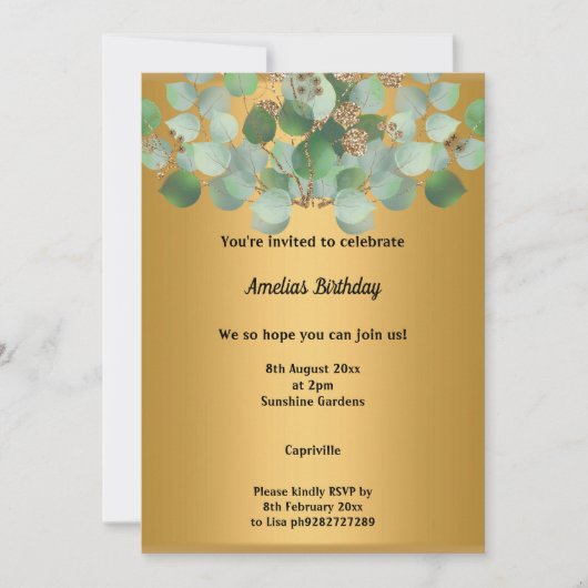 ELEGANT GOLD SAGE EUCALYPTUS BIRTHDAY PARTEI EINLADUNG (Vorderseite)