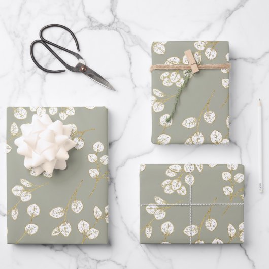 Elegant Gold Sage Green Greenery Eukalyptus Blätte Geschenkpapier Set (Vorderseite)