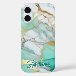 Elegant Gold Sage Green Marble Custom Name iPhone 16 Hülle