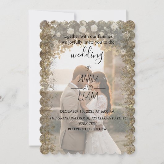 Elegant Gold Scalloped Photo Wedding Invitation Einladung (Vorderseite)