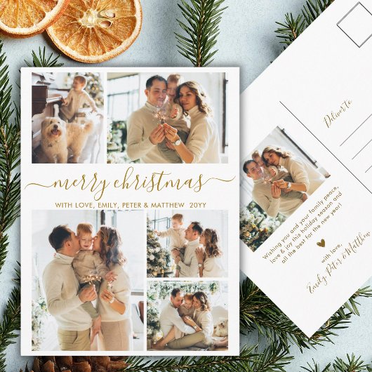 Elegant Gold Script 6 Photo Collage Christmas Postkarte