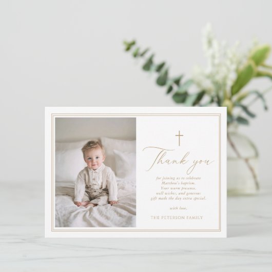 Elegant Gold Script Baptism Flat Thank You Card Dankeskarte (Stehend Vorderseite)
