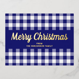 Elegant Gold Script Blue Gingham Frohe Weihnachten Folien Feiertagspostkarte