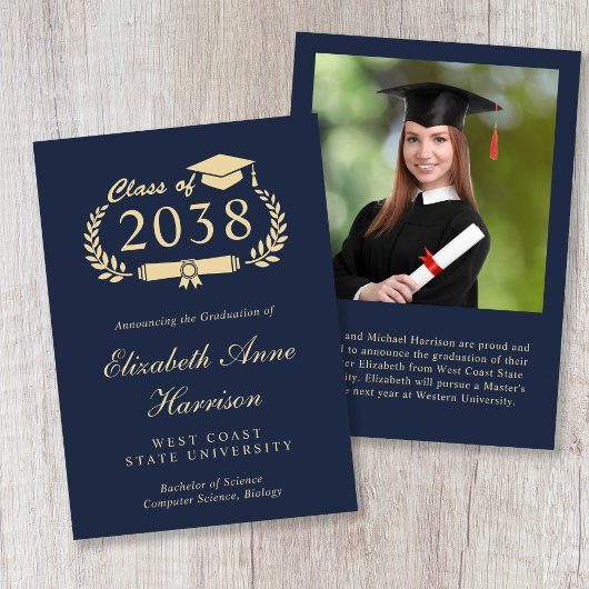Elegant Gold Script Blue Photo College Graduation Ankündigung