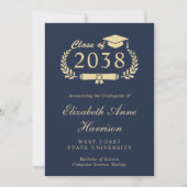 Elegant Gold Script Blue Photo College Graduation Ankündigung (Vorderseite)