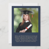 Elegant Gold Script Blue Photo College Graduation Ankündigung (Rückseite)