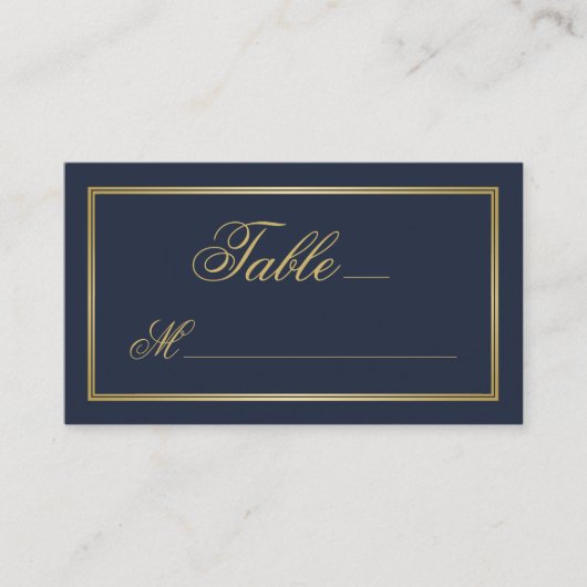 Elegant Gold Script Calligraphy Navy Blue Wedding Platzkarte (Vorderseite)