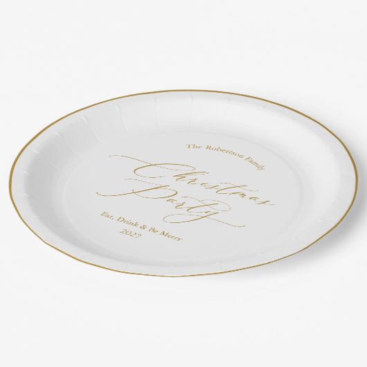 Elegant Gold Script Christmas Party Pappteller (Schrägansicht)