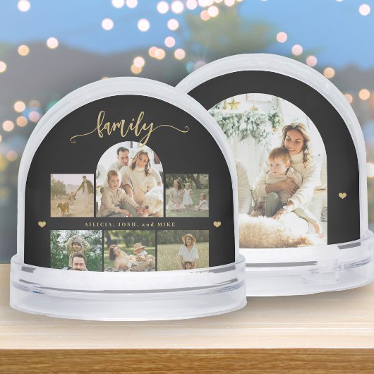 Elegant gold script custom family photo collage schneekugeln
