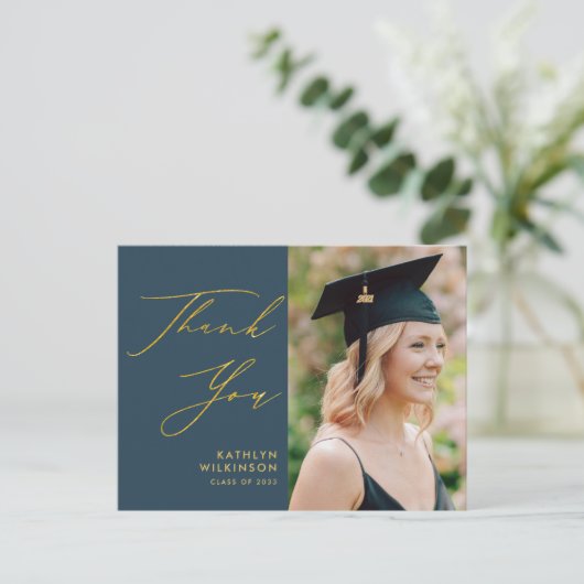 Elegant Gold Script Dusty Blue GRAD Vielen Dank Postkarte (Stehend Vorderseite)