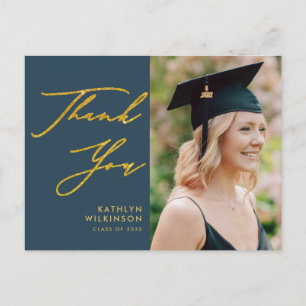 Elegant Gold Script Dusty Blue GRAD Vielen Dank Postkarte