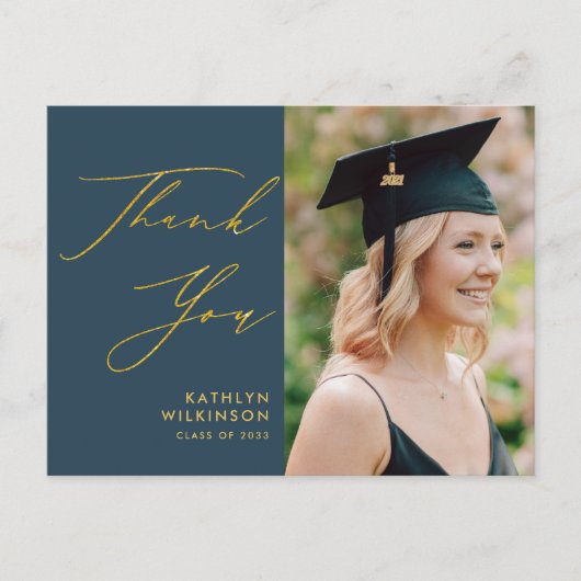 Elegant Gold Script Dusty Blue GRAD Vielen Dank Postkarte (Vorderseite)