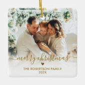 Elegant Gold Script Family Photo Merry Christmas Keramikornament (Vorderseite)