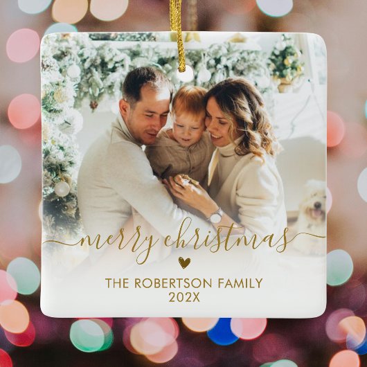 Elegant Gold Script Family Photo Merry Christmas   Keramikornament