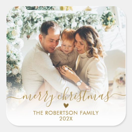 Elegant Gold Script Family Photo Merry Christmas  Quadratischer Aufkleber (Vorderseite)