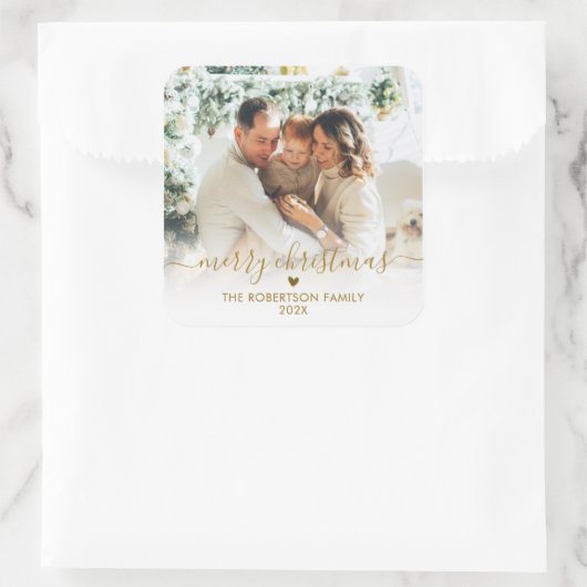 Elegant Gold Script Family Photo Merry Christmas  Quadratischer Aufkleber (Tasche)